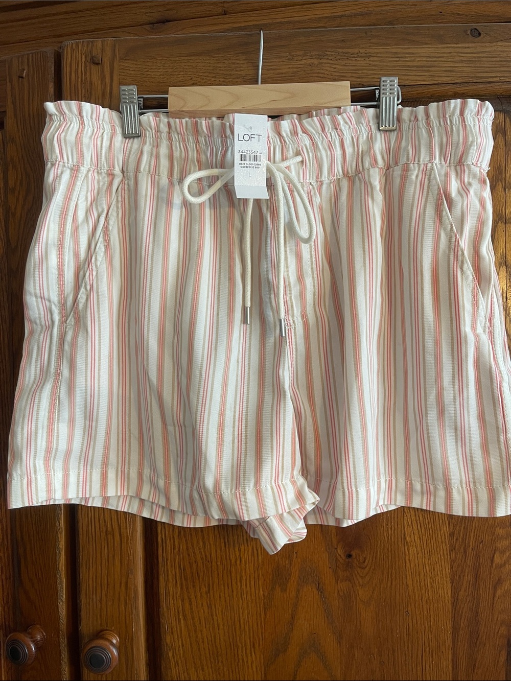 LOFT Cream Shorts with Pink Stripes — Drawstring Waist